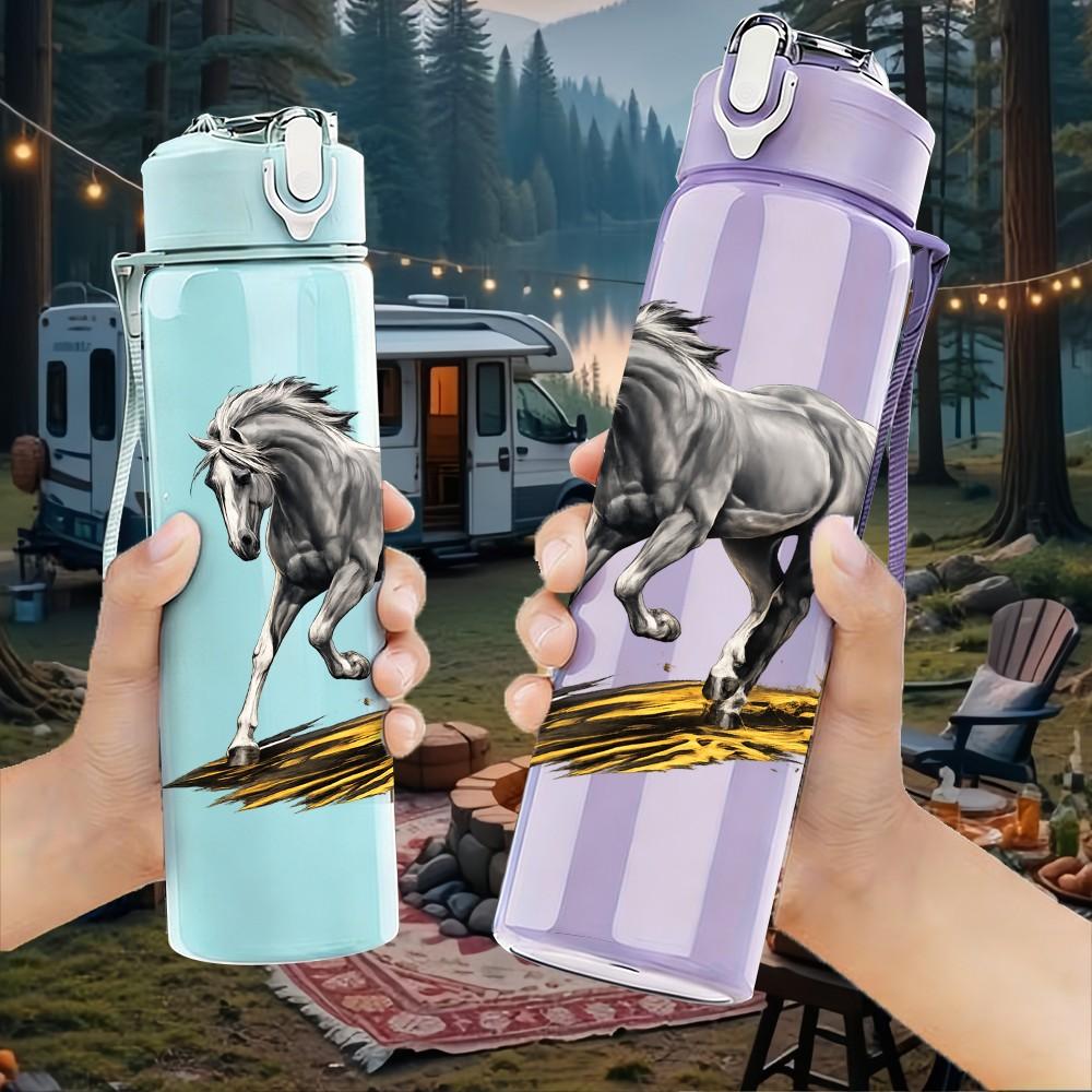 1PC Running Horse Western Silhouette Print 750ml Color Plastic Sports Water Bottle Leakproof Flip Straw Lid Suitable for Sports Office Home Use