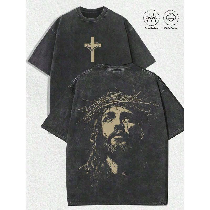 Herren Religröses Grafik-T-Shirt Jesus Dornenkrone Übergroßes Baumwoll-T-Shirt Lässige Streetwear