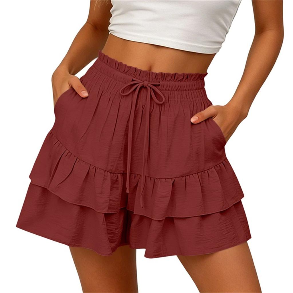 Women Casual Loose Fit Three Layer Ruffle Shorts with Elastic Waist and Drawstring for Everyday Wear Comfortable Style