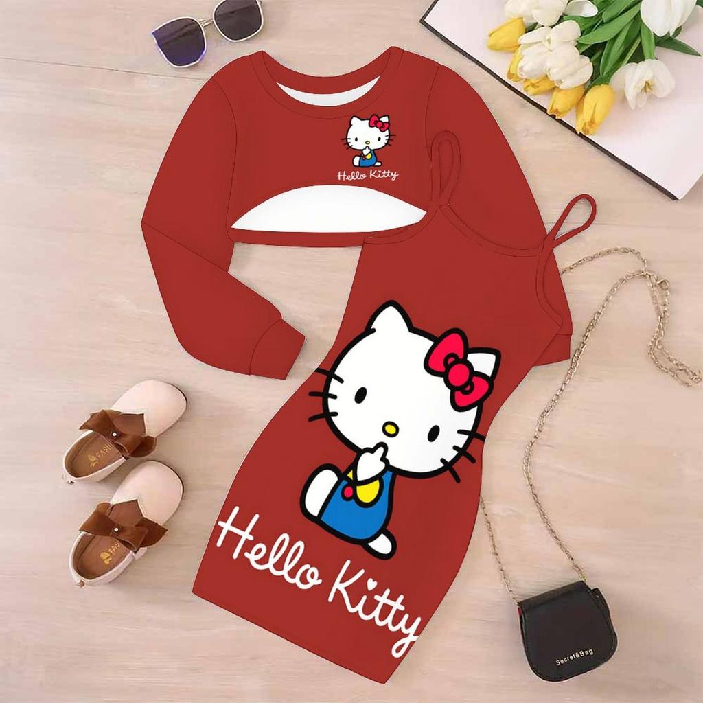 Girls Cartoon 2 Piece Outfits, Long Sleeve Crop Top + Spaghetti Strap Bodycon Dress, Light Fresh Cartoon Print Party Dress Set