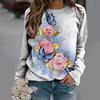 New Loose Casual 3D Floral Print Pattern Women's Round Neck Long Sleeved T-shirt