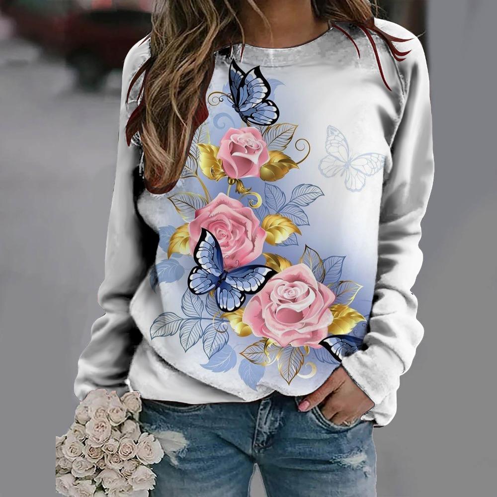 New Loose Casual 3D Floral Print Pattern Women's Round Neck Long Sleeved T-shirt