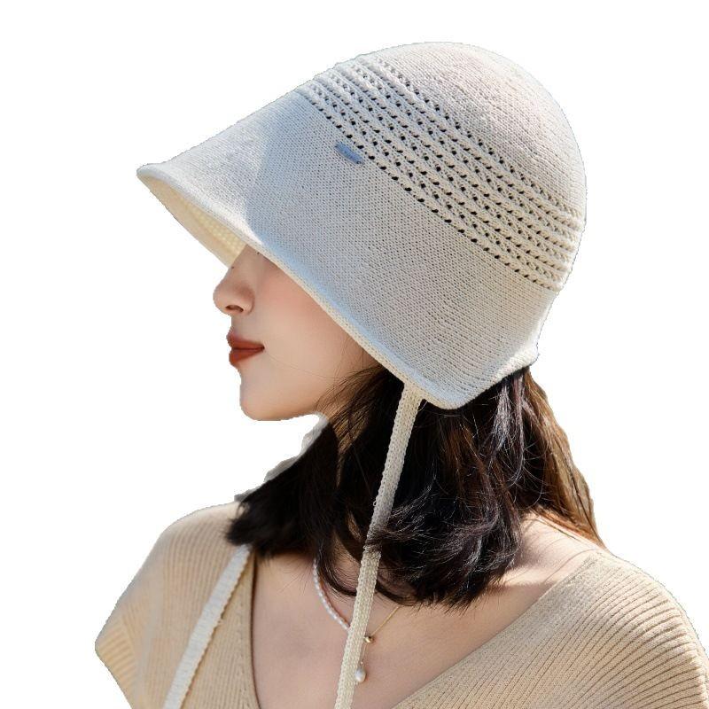 Summer Hollow Knitted Bucket Hat High-End Sun Hat Breathable Sunscreen Basin Hat Versatile Lace-Up Bucket Hat