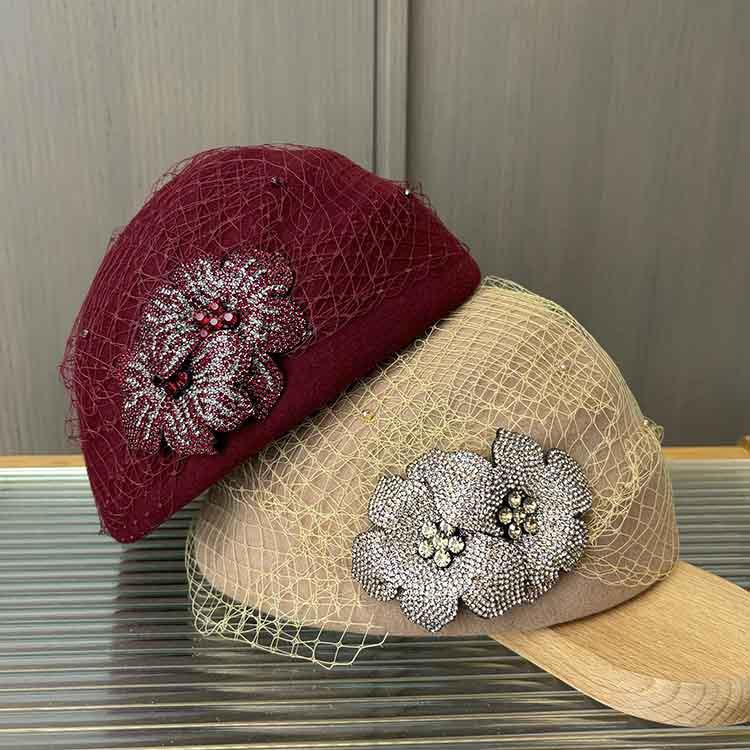 Autumn And Winter New Light Luxury Mesh Yarn Rhinestone Flower Bud Hat Retro Elegant Stewardess Hat Female Face Small Styling Top Hat