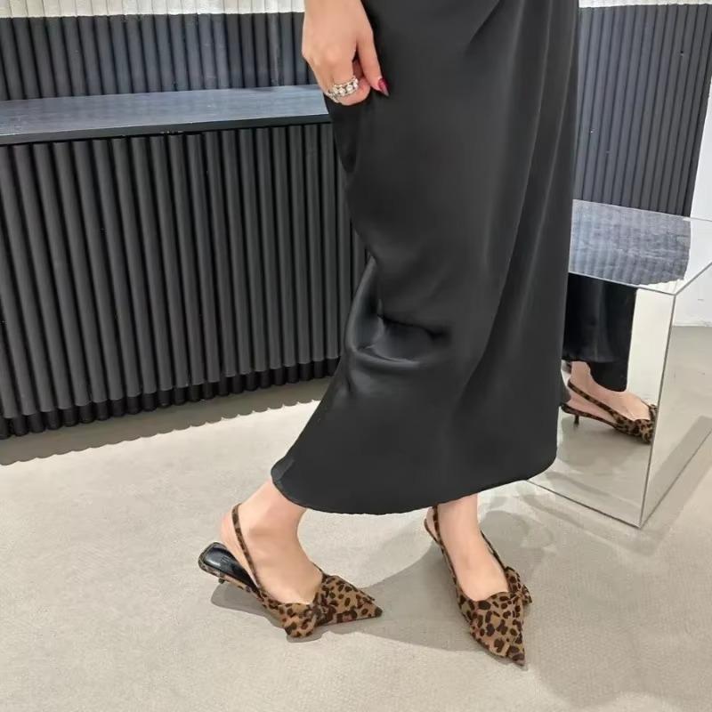 Sexy Leopard Bow Women Pointed Toe Sandals Summer Slingback Sandalias Mujer Dress Shoes Low Heels Flip Flops Pumps Femme Slides