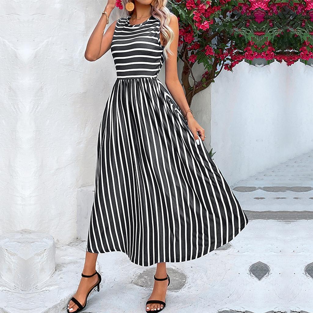 Women's Dress Casual Round Neck Striped Sleeveless Dress