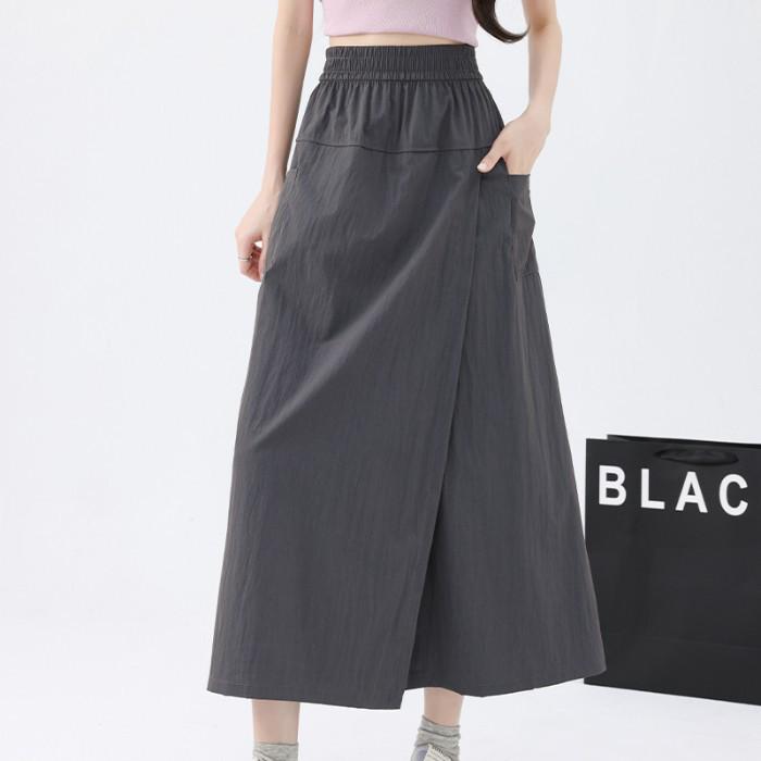 Yamamoto Women's Slit High-Waisted Midi Skirt-Pants, Summer 2026 - Ice Silk, Slimming Casual Wide-Legs.