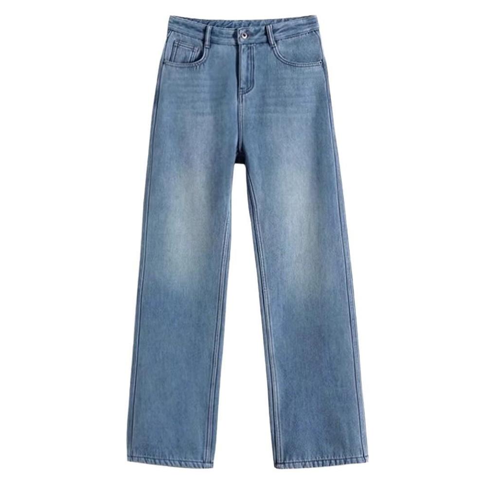 Women's Retro High Waist Fleece Lined Wide Leg Jeans for Autumn/Winter - Slimming, Drapey, Floor Length