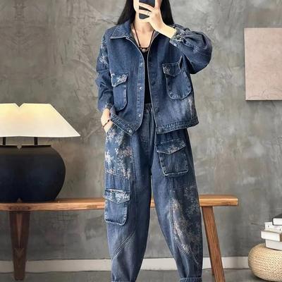 Conjuntos de Chaqueta de Mezclilla para Mujer de Primavera y Otoño Camisa a Cuadros o Rayas + Jeans Casuales Conjunto de Dos Piezas