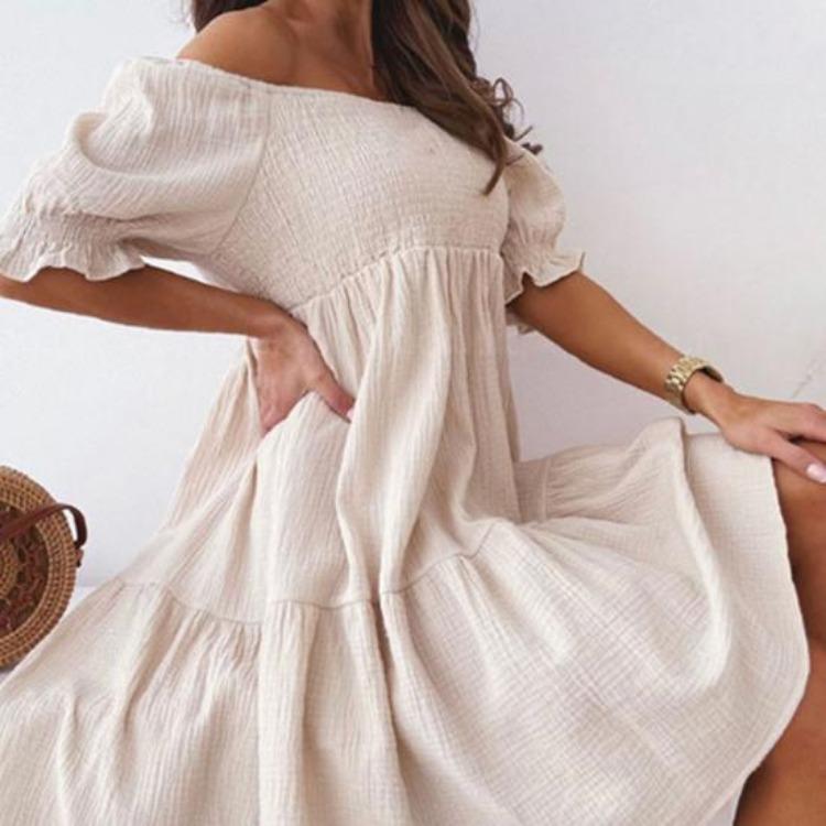 Off-Shoulder Minikleid Damen Rüsche Elastisch Einfarbig Kurzarm Date-Kleid