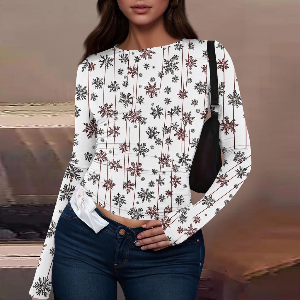 Mote Casual Dame Rund Hals Juleprint Langermet T-skjorte Topp