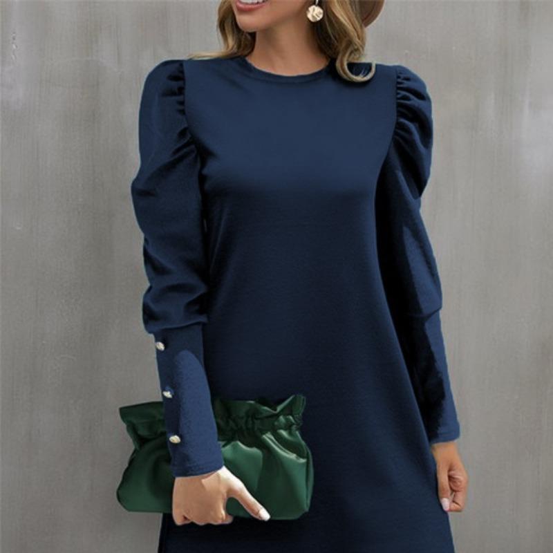 Nuevo vestido de otoño e invierno de cuello redondo, manga abullonada con botón y manga larga, falda de temperamento femenino a la moda y versátil para ir al trabajo