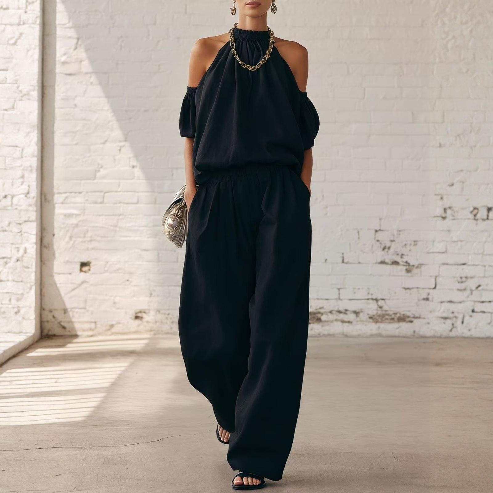 

Fashionable Women s Off-Shoulder Wrap-Up Top High-Waist Wide Leg Pants Casual Set L чёрный