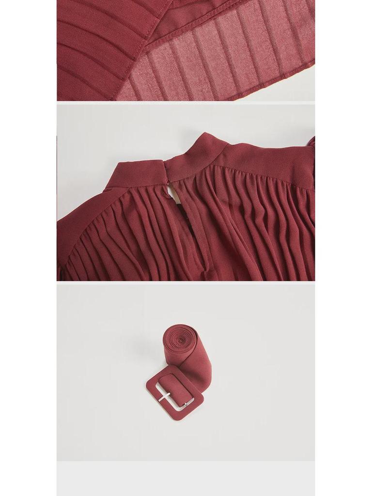 Rochie elegantă de vară 2024 din șifon roșu vin, cu croială cloș: Stil european și american