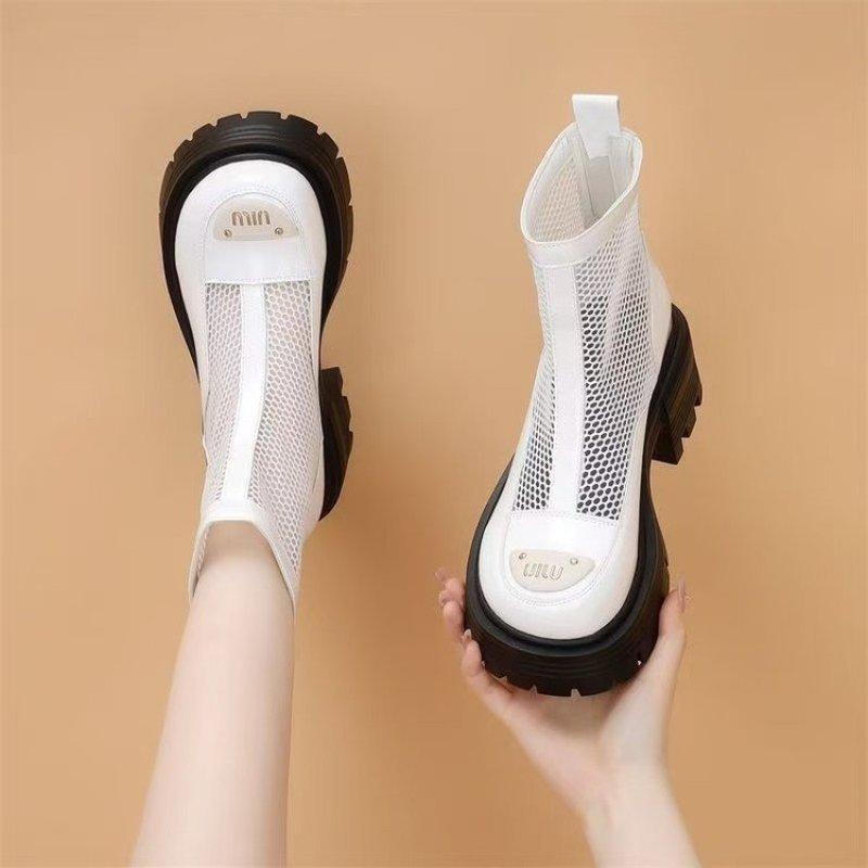 Spring and summer new thick-soled hollow mesh boots women's breathable mesh middle heel fashionable zipper personalized cool boots