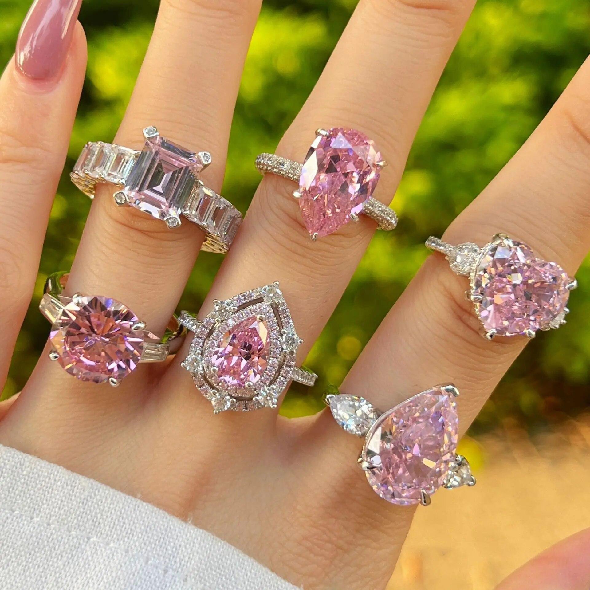 

S925 Стерлингового Серебра Коготь Инкрустированный Розовый Высокоуглеродистый Алмаз Любовь Сердце Форме Обручальное Кольцо Пара Капли Воды Женские Ювелирные Изделия Подарок