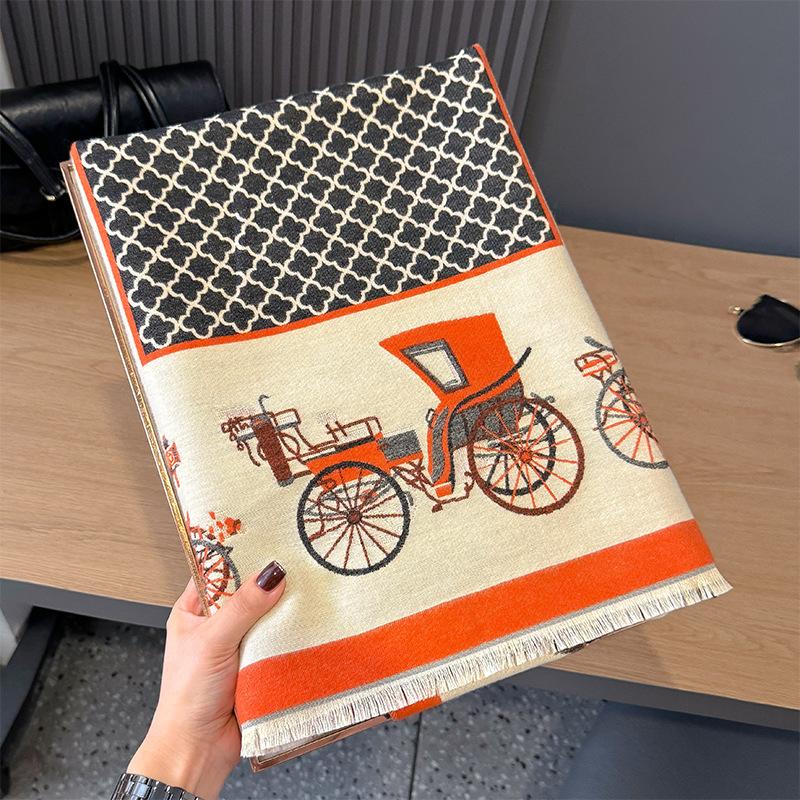 Imitation Cashmere Scarf Retro Style Old-Fashioned Car Contrasting Color Double-Sided Personalized High-Grade Warm Shawl