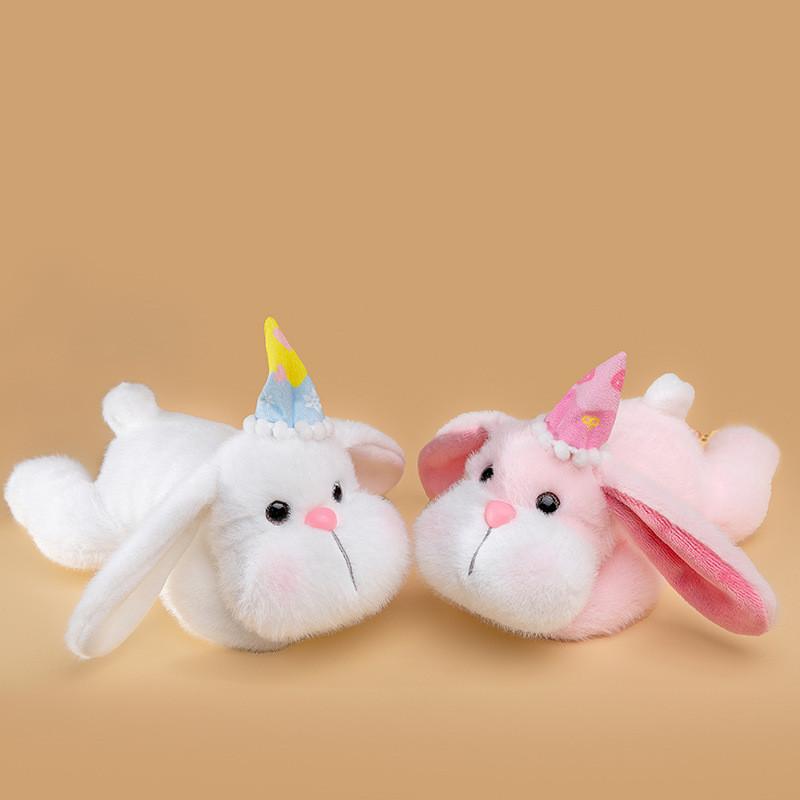 Birthday Hat Cute Prone Posture Rabbit Plush Doll Toy For Desktop Decoration