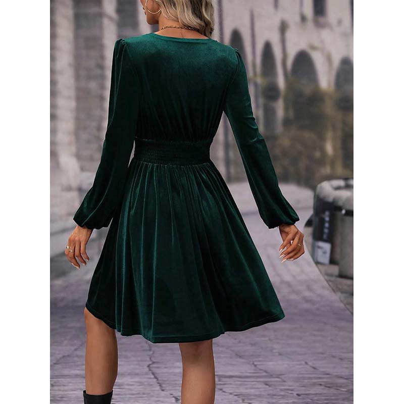 MODIQUE 2025 Spring New Women's Elegant Corduroy Solid Color Lantern Sleeves Elastic Waist Pleated Short Dress Ladies Casual A-Line V-Neck Dress
