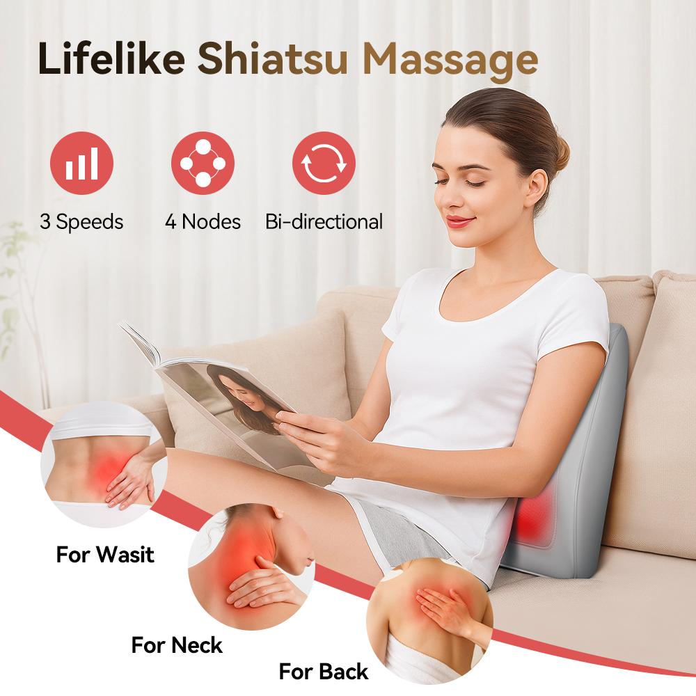 3D Shiatsu Massage Pillow with Heat Function, 12V Portable Neck & Shoulder Massager, Electric Back Massager for Home Office Car Use, 12W Power