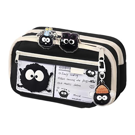 

Cute Pencil Case Black Pencil Pouch with Keychain Cat Themed And Stickers Transparent Large