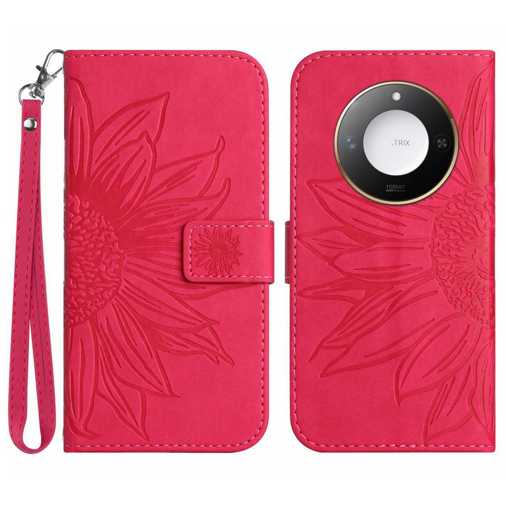 For Honor X9c Smart 5G Case Sunflower Imprint Leather Wallet Phone Cover with Wrist Strap