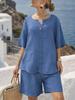 Completo estivo in cotone e lino, scollo a V ampio, manica corta, pantaloni a gamba larga, stile vacanza, completo due pezzi