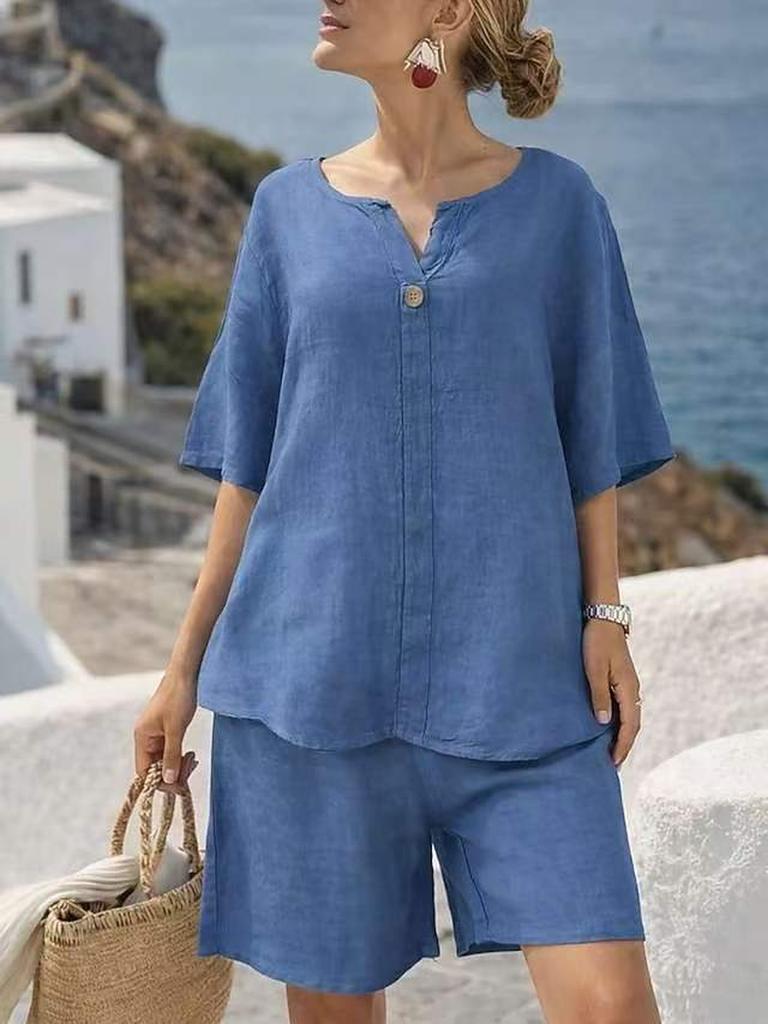 Completo estivo in cotone e lino, scollo a V ampio, manica corta, pantaloni a gamba larga, stile vacanza, completo due pezzi