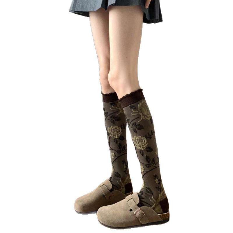 Wear Knee Socks Design Sense Rose Coffee Color Women'S Calf Socks Autumn And Winter French Retro Temperament High Intelligence Barn Style