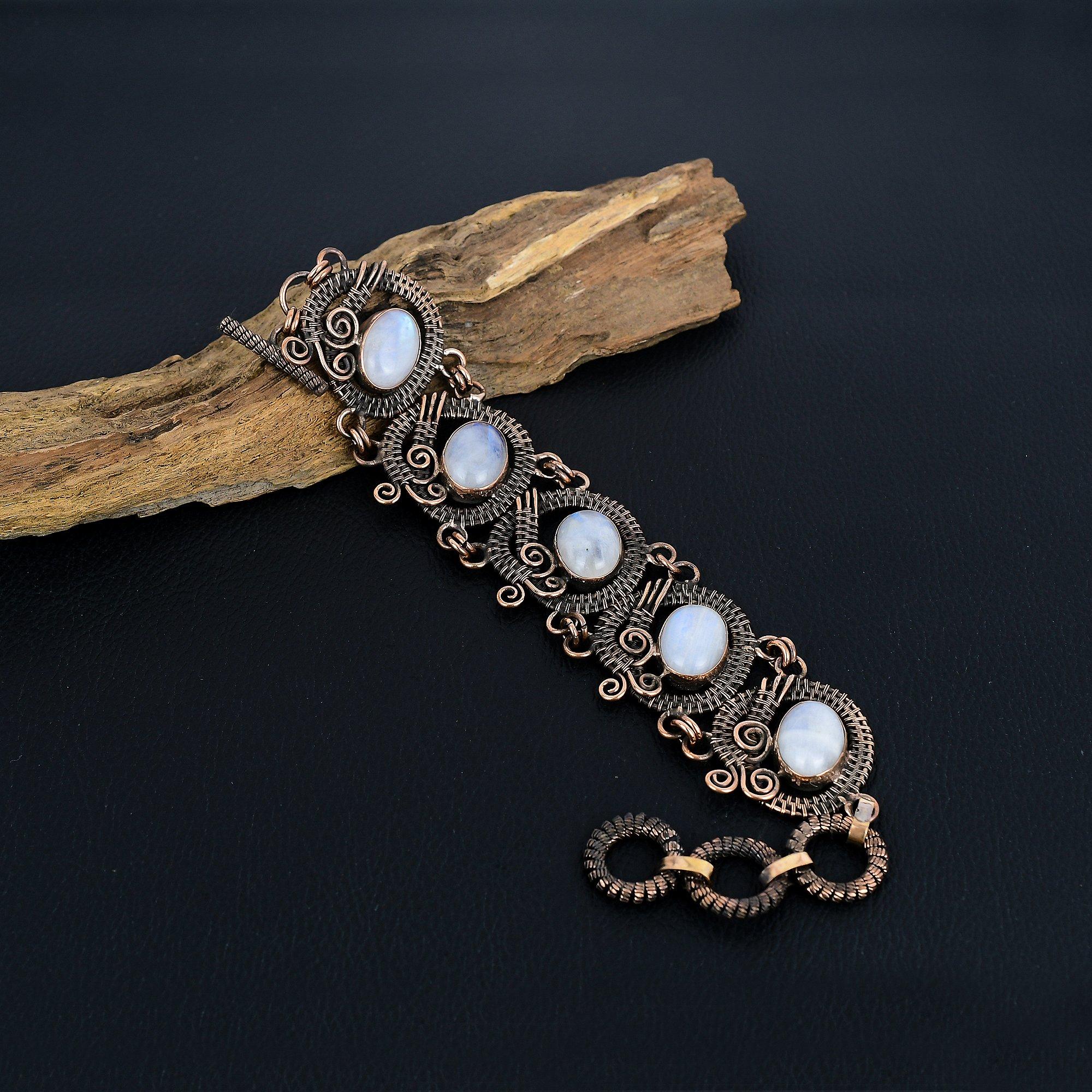 

Браслет из радужного лунного камня, ювелирное изделие из драгоценного камня, браслет, обернутый медной проволокой 999 пробы, регулируемый, ручной работы, красивый ювелирный браслет-цепочка