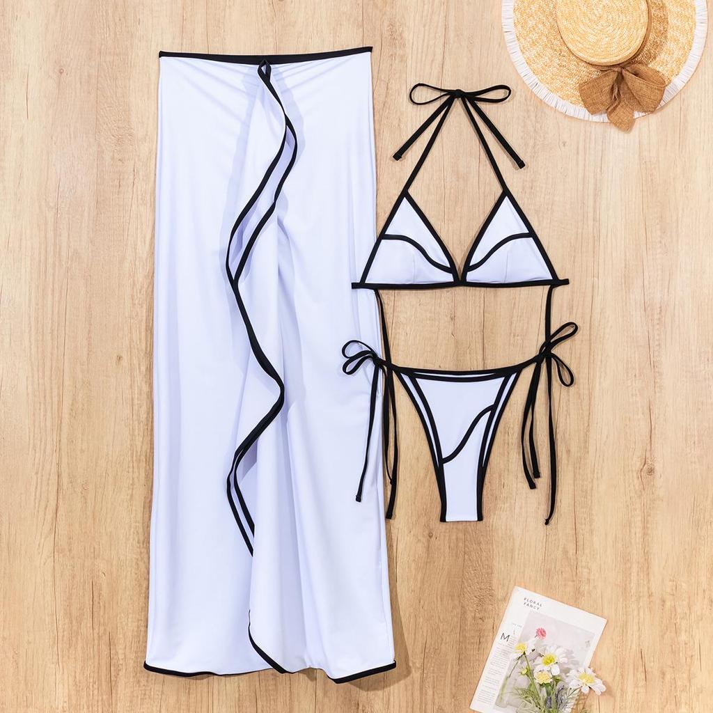 2025 European & American Color Block Bikini Dress 3-Piece Set for Seaside Vacation