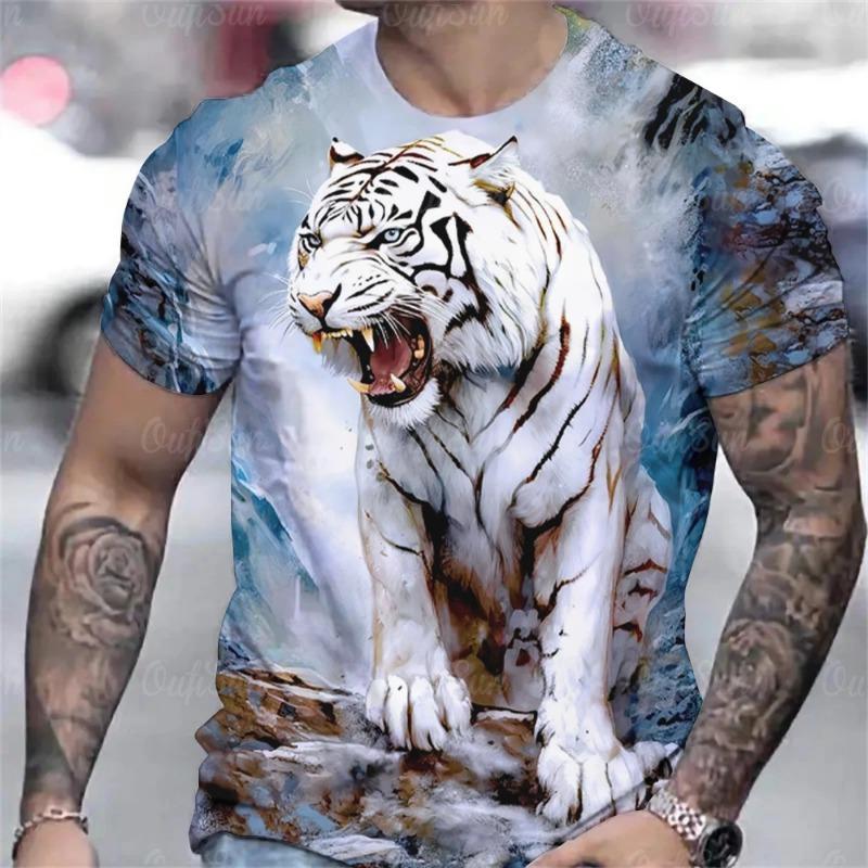 Tiger Print T-Shirt 3D Animal Men's Shirts Summer Short Sleeved Male Pullover Oversized T-shirts Casual Tops Tees Men Clothing