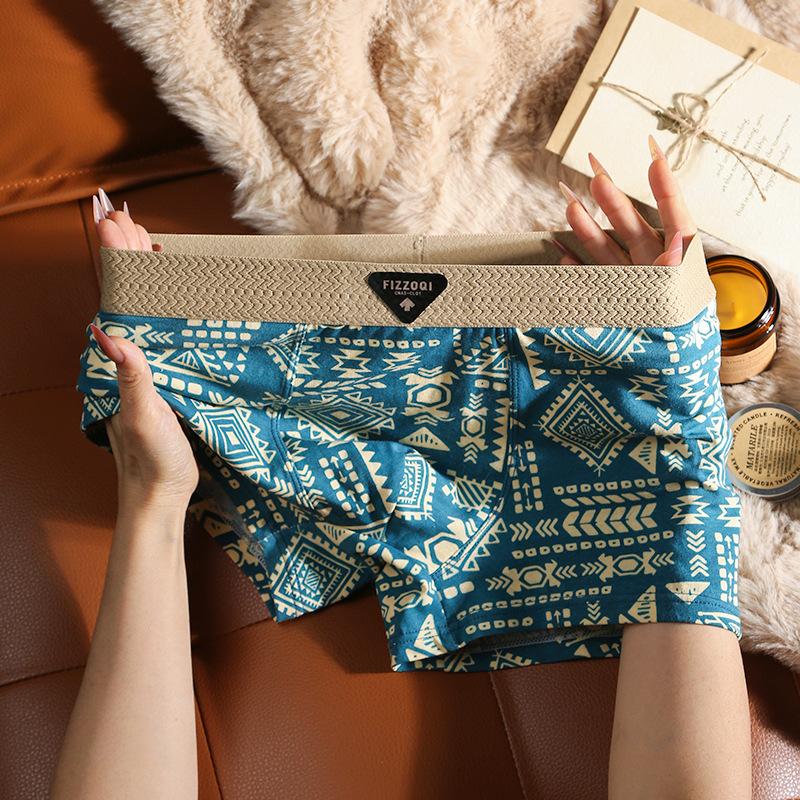 

Retro Ethnic Style Men s Underwear Men s Pure Cotton Breathable Flat Corner Pants Printed Four Corner Underwear 3XL синій