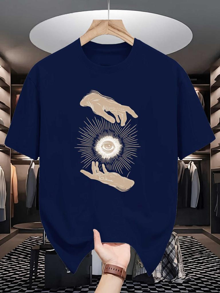 Unisex Crew Neck Tee Mystic Hands All Seeing Eye Retro Art Print Soft Cotton Loose Short Sleeve Summer Casual Male Streetwear Tops
