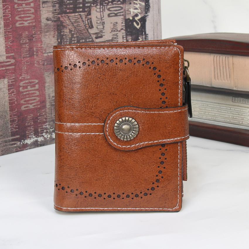 Women Short Hollow-Out Wallet Vintage PU Leather Multi Card Holder Zipper Coin Purse Small Lady 3 Fold Clutch Wallet