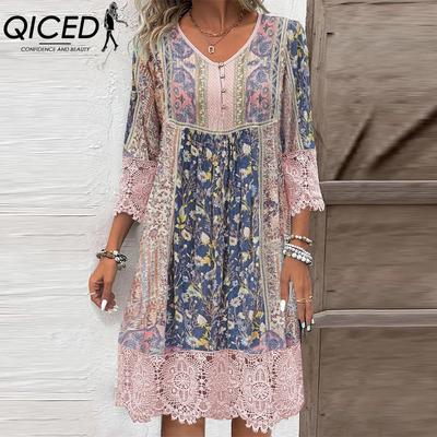 Women's Fashion Summer Spring Solid Color Print Lomg Sleeve V-Neck Casual Dresses