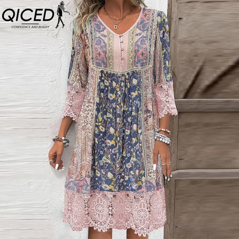 QICED Damskie Modne Letnie Wiosenne Jednokolorowe Drukowane Długi Rękaw Dekolt V Codzienne Sukienki