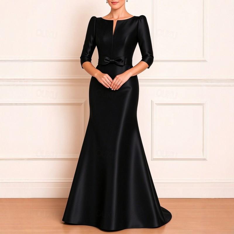 Womens Satin Evening Dress Long Sleeve Bow A-line Elegant Gown Party