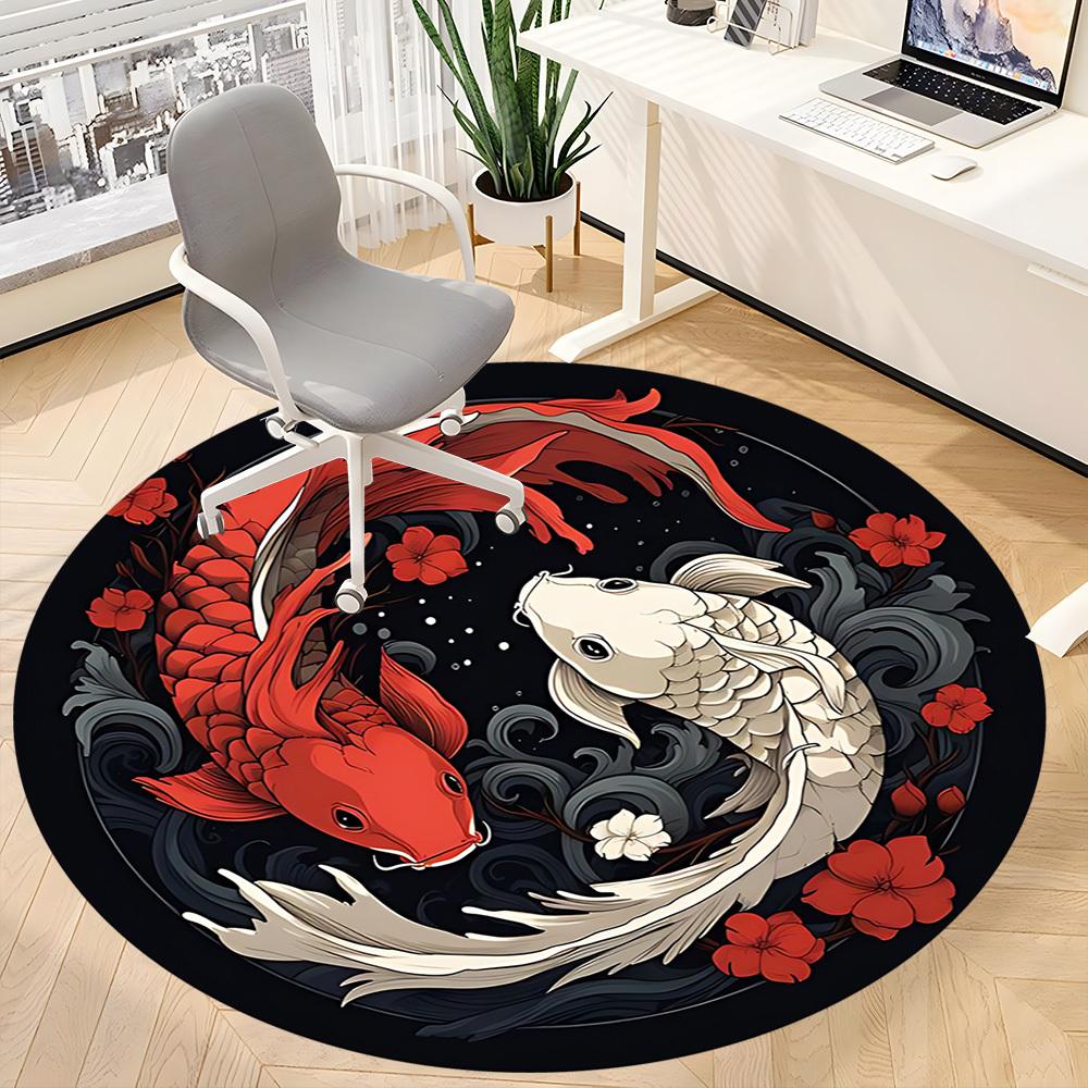 1pc Koi Fish Yin Yang Office Round Area Rug, Indoor Mat Suitable For Office, Under Office Chairs Bedroom Living Room Home Decor, Room Deco