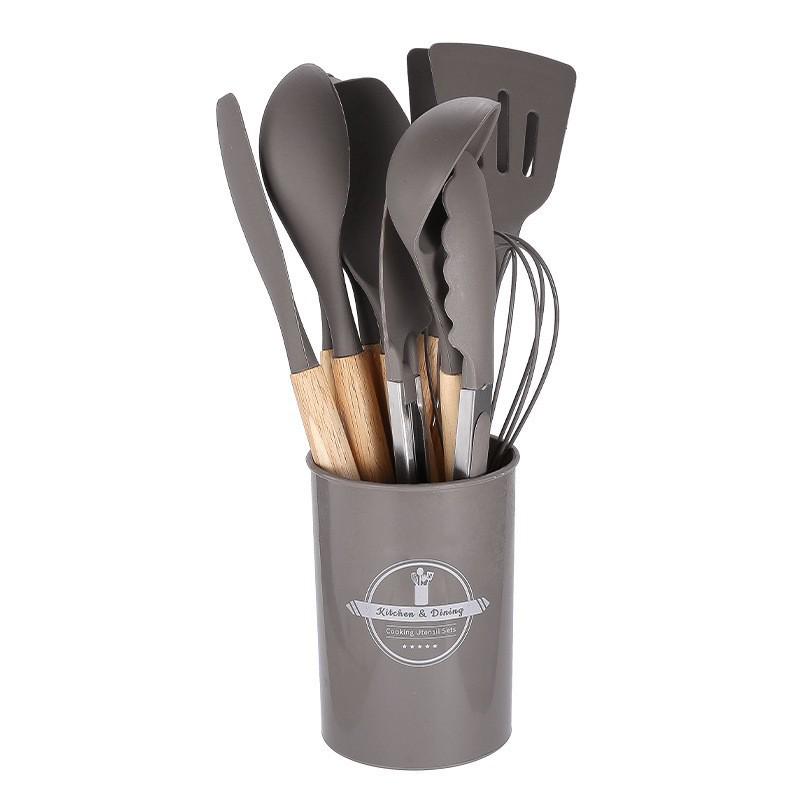 780g Silicone Kitchen Non-Stick 12-Piece Cookware Set with Wooden Handle Spatula Turner, Barrel Packaging
