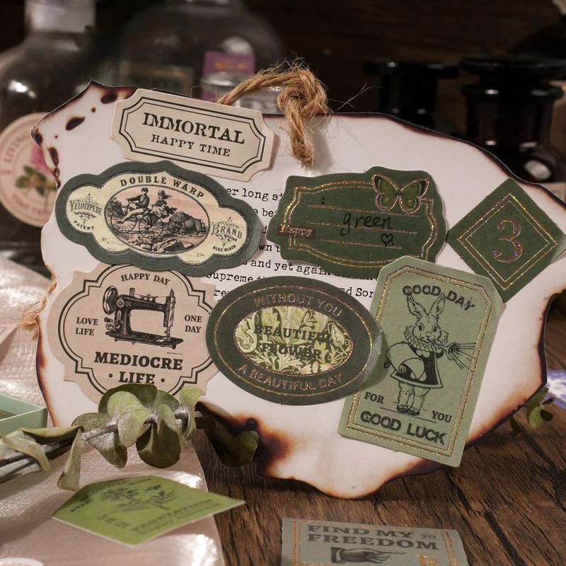 40Pcsbox Paper Stickers Year Passes Retro Vintage Gold Gilding Scrapbook Journaling Supply Collage Materials Sealing Stickers