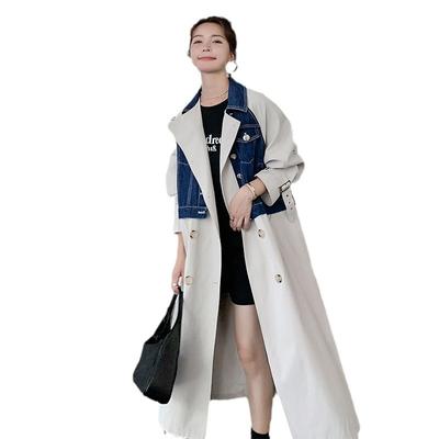 Long Knee Trench Coat Women's Spring and Autumn Design Sense Denim Splicing British Style Casual Fashion Jacket