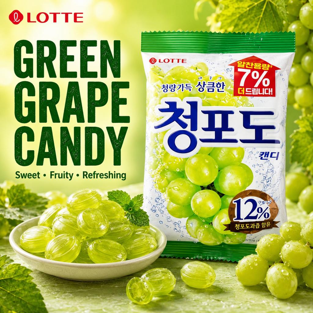 Lotte grüne Traube Hartbonbons 153g | Reichhaltiger grüner Traubengeschmack, Süßer Geschmack, Praktischer Snack