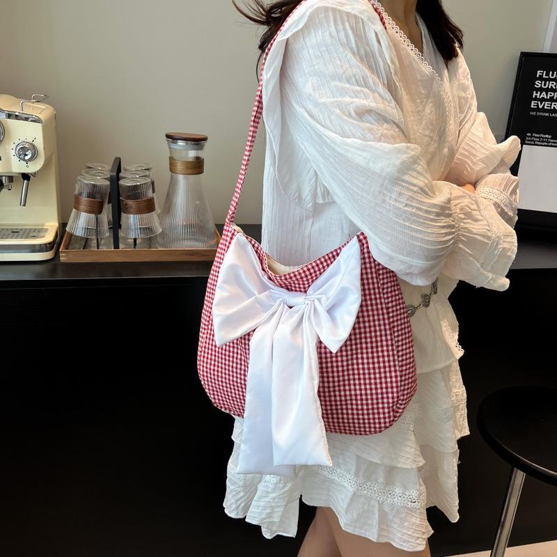 Bow Bag Women's New Fashion Plaid Bag Shoulder Bag Large Capacity Commuter Messenger Bag