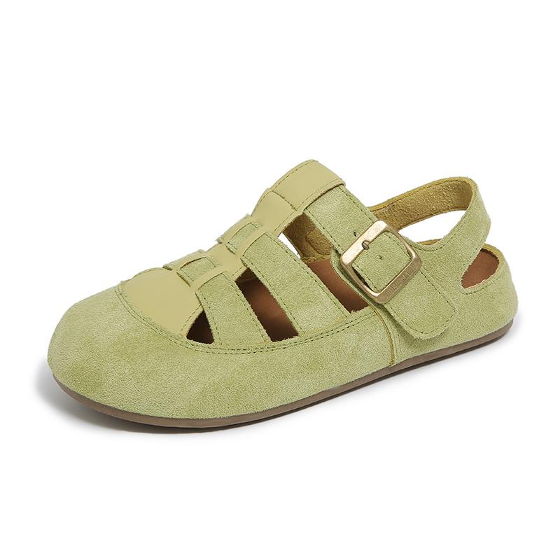 Fashion Women's Casual Round Head Flat Shoes Summer New Baotou Cow Suede Metal Buckle Soft Sole Anti-slip Wear-resistant Sandals