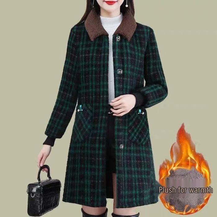 

2025 Autumn/Winter Plaid Woolen Coat: Plus Velvet Mid-length for Middle-aged & Elderly Women. XL зелений