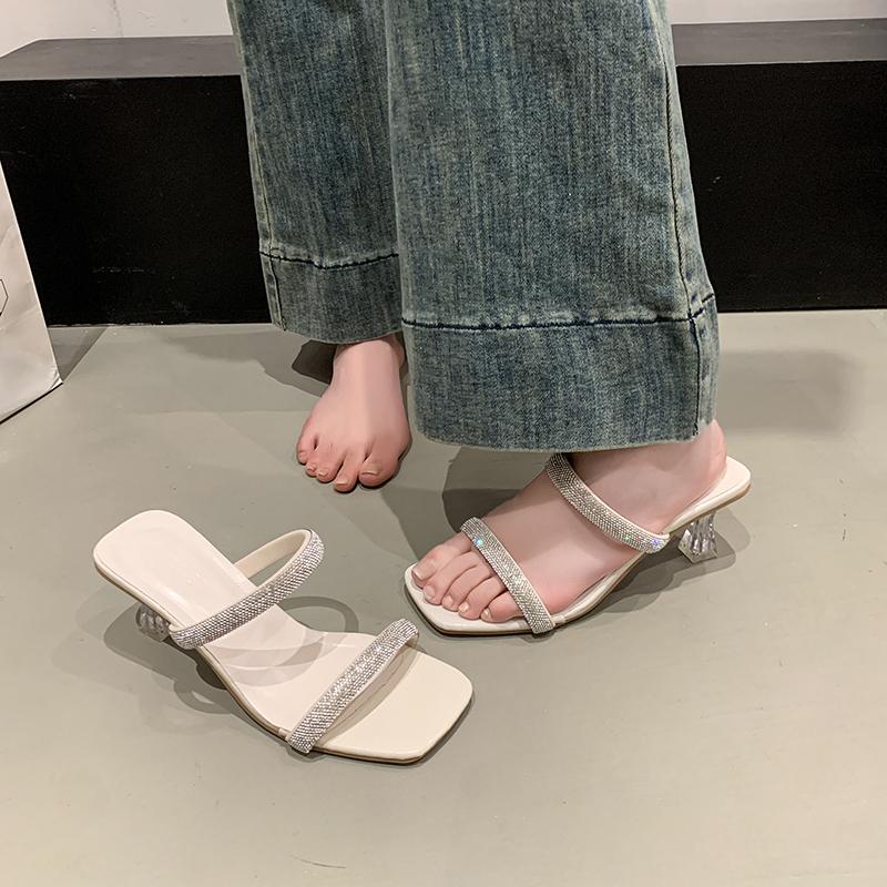 Women's Square Toe Outside Open Toe Stiletto Flip Flops Summer Rhinestone Anti-Slip Wear-Resistant High Heels