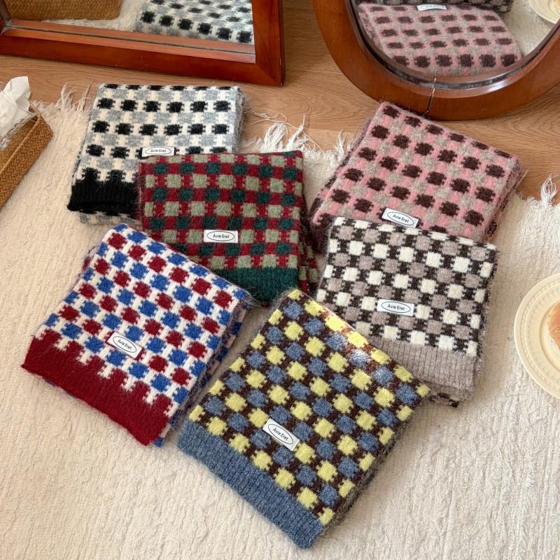 Womens Winter Knitted Scarf Korean Style Retro Plaid Warm Long Neck Wrap Wool Blend