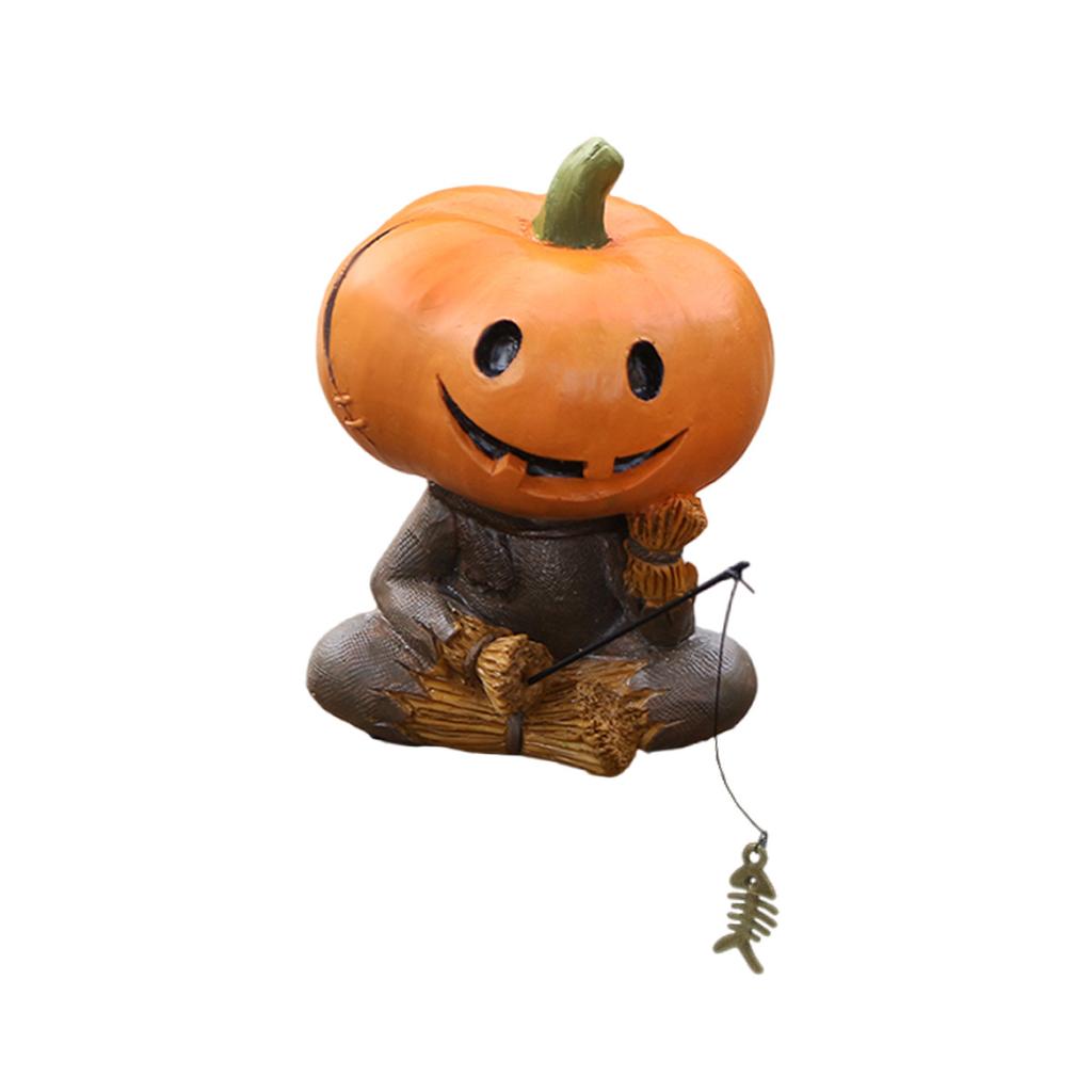 Pumpkins Scarecrows Fishing Figurine Cute Smile Pumpkins Head Fishers Sculpture Outdoor Garden Statue for Halloween