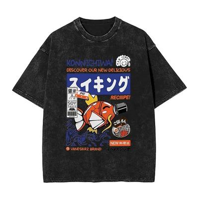 Japanese Kanji Funny Fish Washed T-Shirt Mens Comic Streetwear Loose T Shirts Summer O Neck Tee Shirt Oversized Clothing